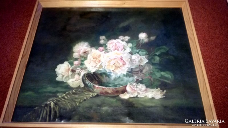 Szép régi festmény szignózott rózsa csendélet