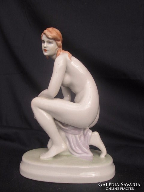 Zsolnay kneeling female nude in porcelain color lux elek