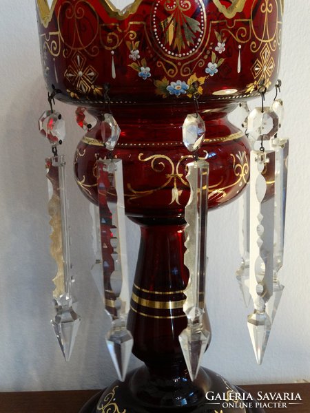 Antique Bohemian candle holder, luster with cut crystal flaggings