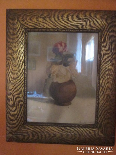Eredeti Szabó Dezső akvarellje, virág csendélet, üveg alatt ÖRÖK GARANCIA AZ EREDETISÉGÉRE