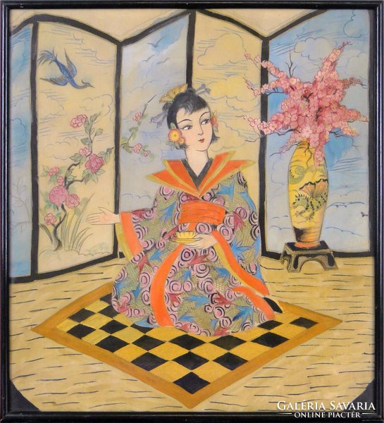 0E925 Régi selyemkép gésa kimonóban