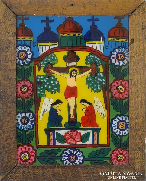 0E979 Antik erdélyi üveg ikon : Jézus a kereszten
