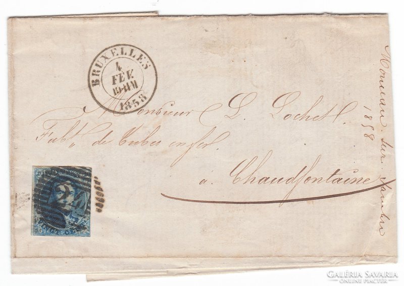 1858. Belga hajtogatott levél, 20 C bélyeggel.