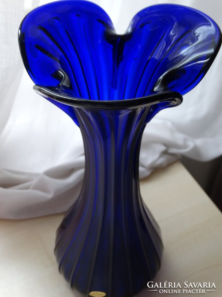 Kobaltkék, kézműves üvegváza, 32 cm