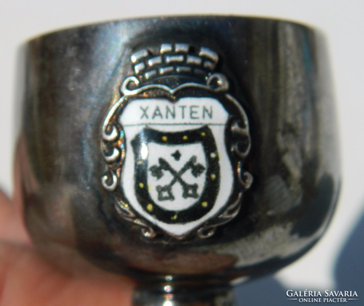 Old decorative metal cup fire enamel coat of arms with xanthine