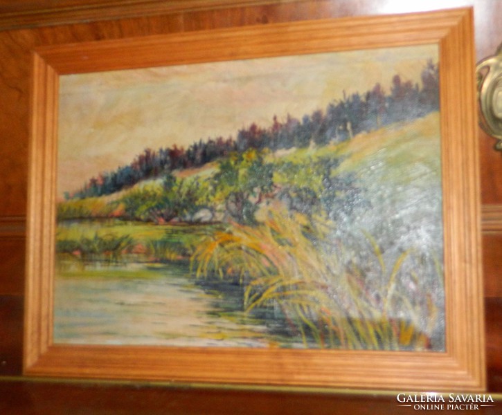 Antique quality oil/canvas painting: waterfront - unknown artist