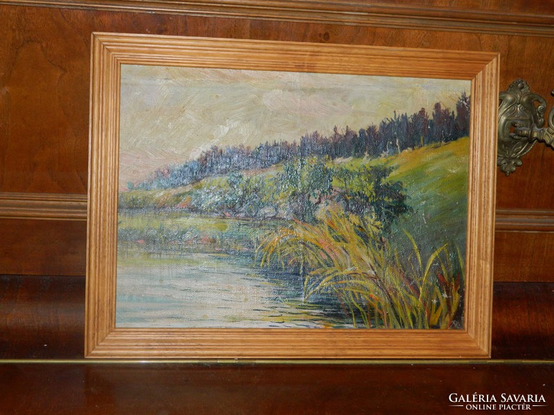 Antique quality oil/canvas painting: waterfront - unknown artist