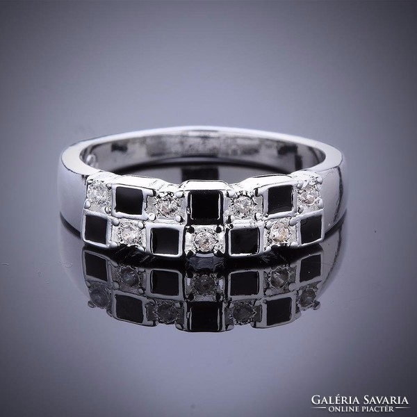 Black cube-inlaid, silver-plated ring size 8 new!