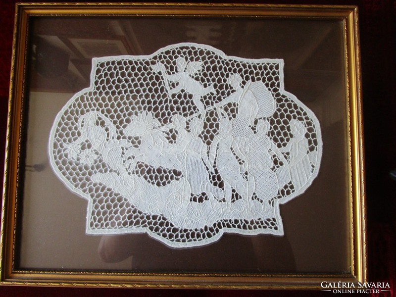 Halasi lace fish angel putto tooth extremely demanding needlework framed in 1928