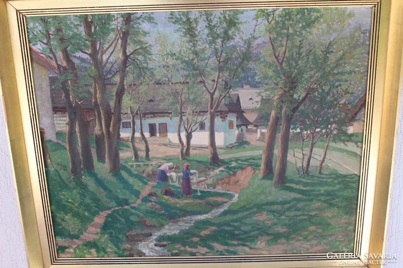 Gyula Járossy painting from 1914, village life 65 x 90, oil on canvas. Life image, folk life.