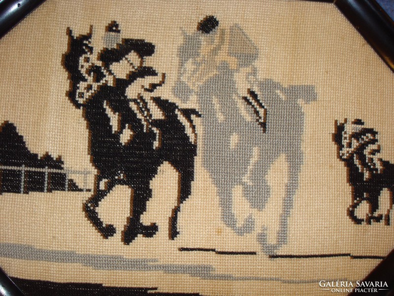 Art deco horse racing tapestry in wool, in a wooden frame /1920-30/