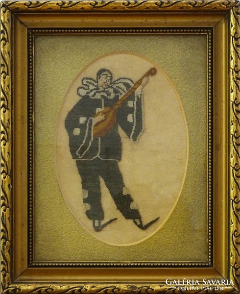 0H322 Antik mandolinozó Pierrot tűgoblein