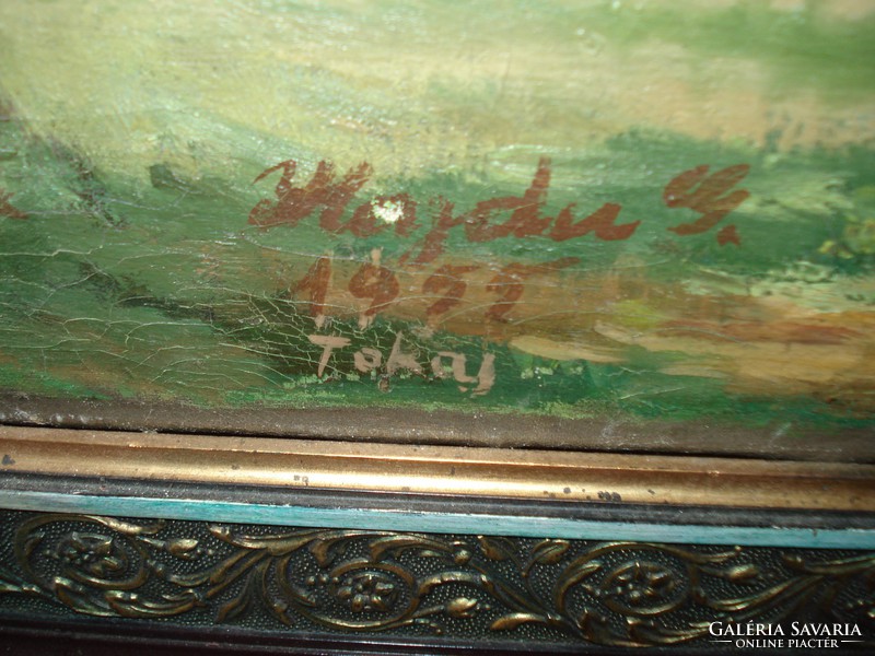 Régi olaj vászon festmény keretben. Tokaj tájkép
