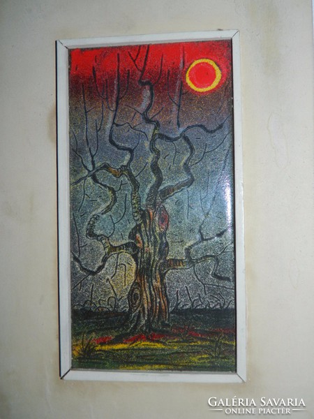 Fire enamel image: barren tree at full moon