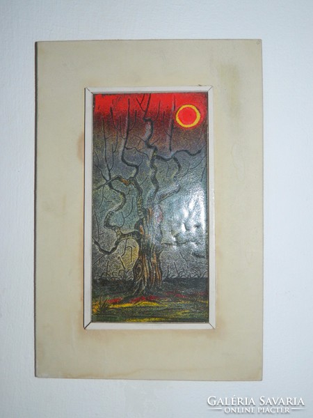Fire enamel image: barren tree at full moon