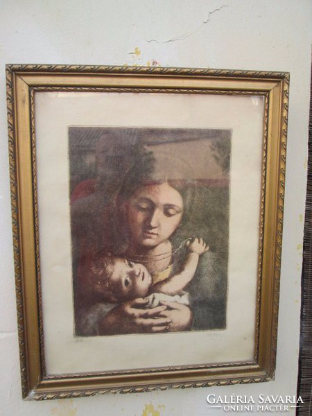 Etching of mother and child, czobel sign, in glass and frame