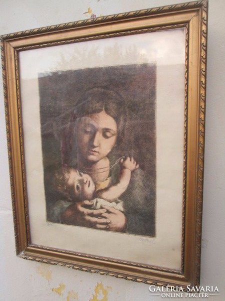 Anya gyermekével rézkarc, Czóbel szignóval, üveg és keretben