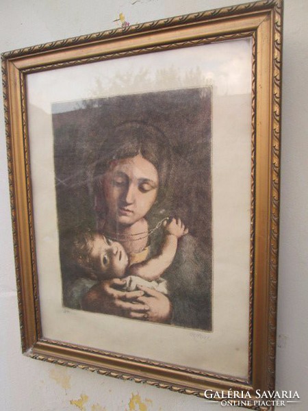 Anya gyermekével rézkarc, Czóbel szignóval, üveg és keretben
