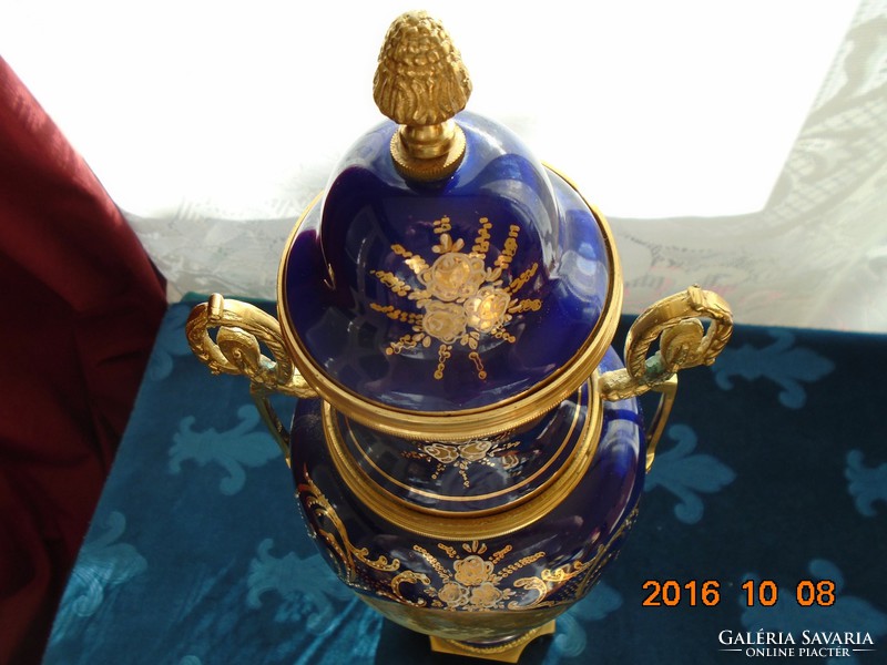 Gilded bronze cobalt blue urn vase with sevres empire genre scene 50 cm