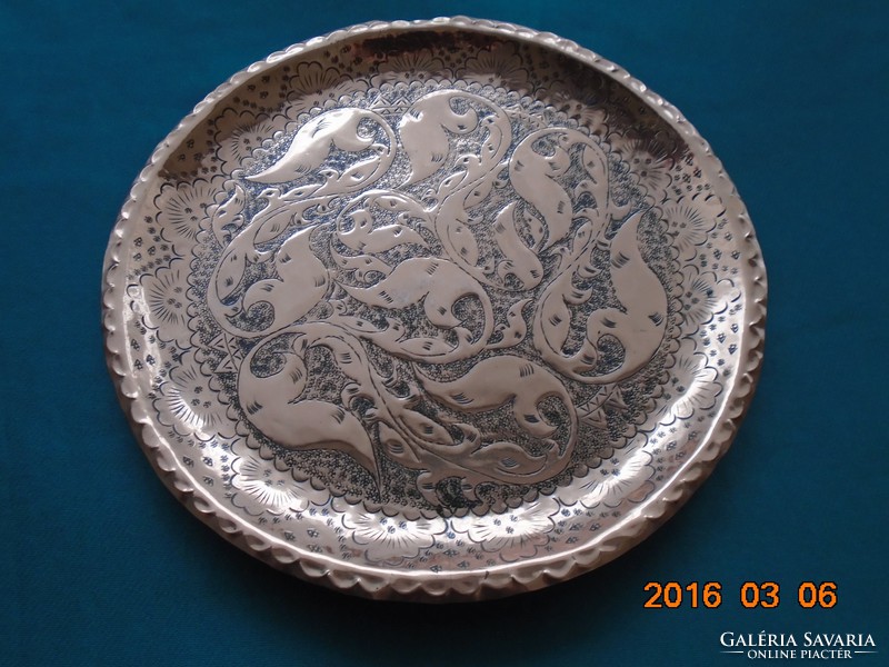 Brand new red copper oriental wall bowl with a floral pattern, treble, punched, niello, 32 cm