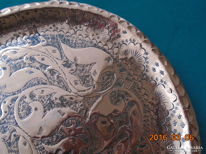 Brand new red copper oriental wall bowl with a floral pattern, treble, punched, niello, 32 cm