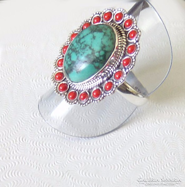 Türkiz gyűrű ,korallal díszített  jelzett ezüst