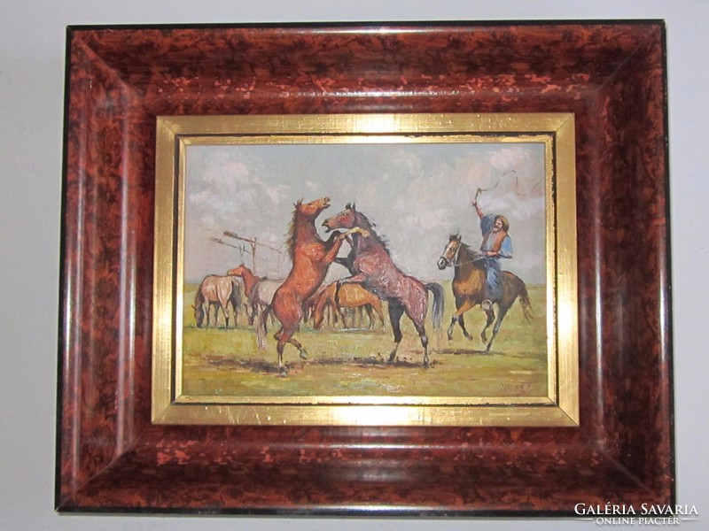 Gross J. jelzéssel; Ágaskodó lovak; 16 cm x 22 cm, olaj,fa