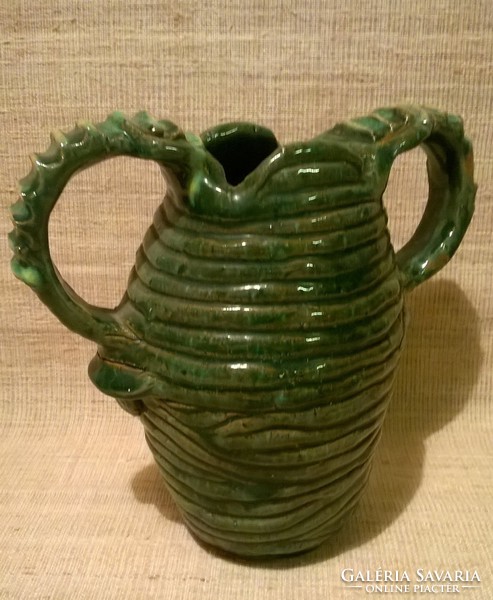 Marked hand-painted folk ceramic two-handled vase jug