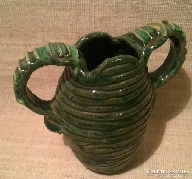 Marked hand-painted folk ceramic two-handled vase jug