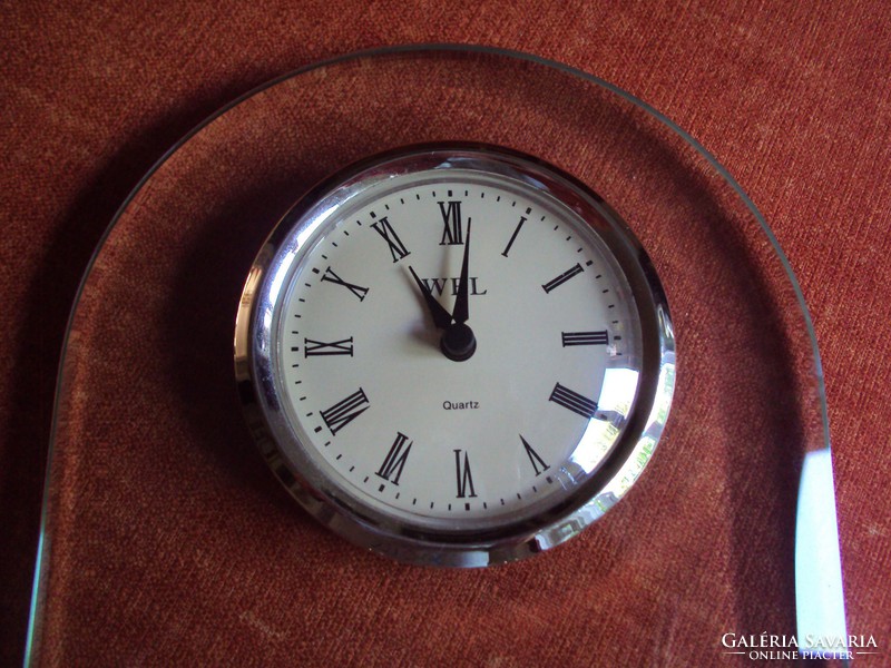 Battery-operated, metal base, vault-shaped, polished edge, glass body clock.