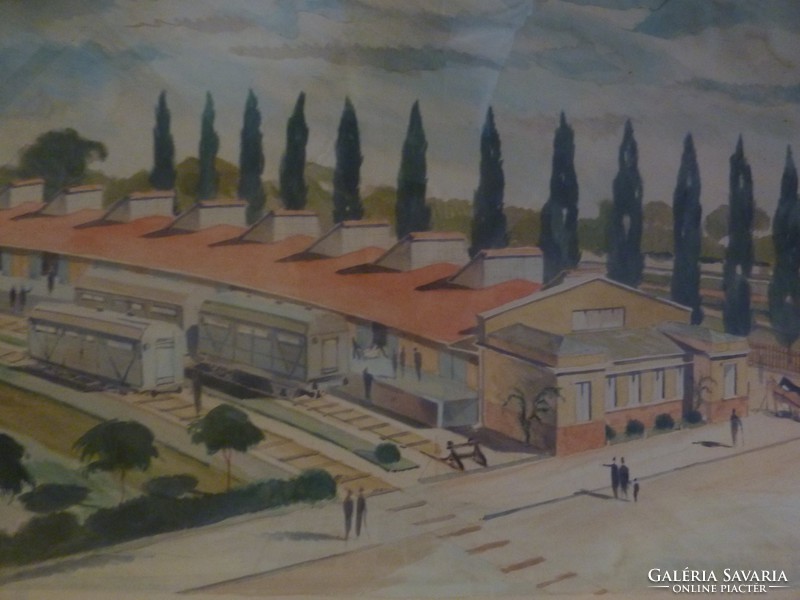 Railway station with a row of firewood, watercolor, without sign