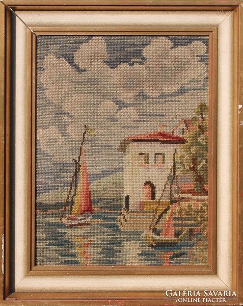 In frame! Antique tapestry: sailboats at sea