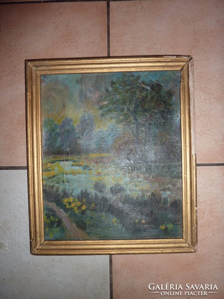 Blooming waterfront landscape, old oil on cardboard painting