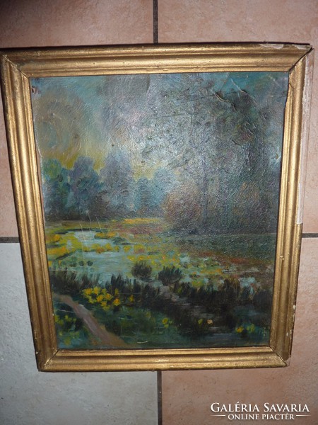Blooming waterfront landscape, old oil on cardboard painting