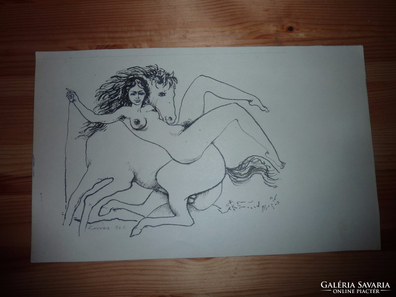 Marked Kovács 960: nude resting on a horse, ink drawing