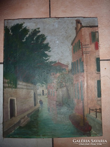 Venetian street view with gondolas, old oil canvas, signage