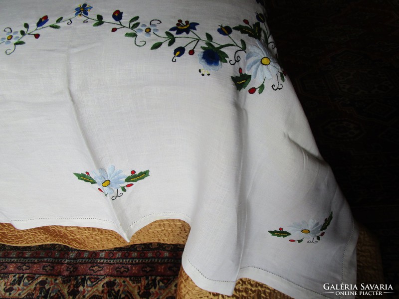 Extraordinary embroidered old linen azure tablecloth is valuable for Easter