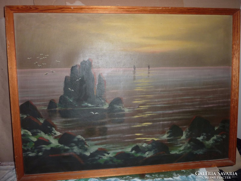 Kőrösy Balogh: Sziklás tengerpart naplementében, olaj-vászon