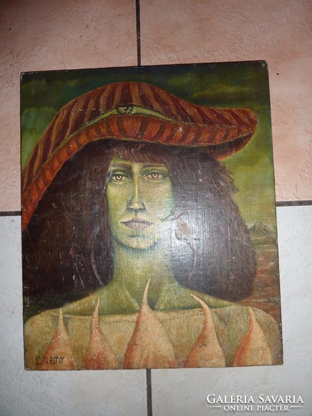 L.Mann: Reneszánsz kalapos portré, régi olaj-vászon