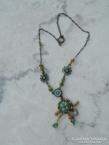 Necklace with blue pearls and fire enamel