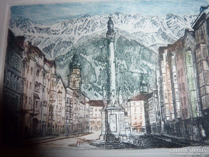 Innsbruck, látkép hegyekkel, régi színezett rézkarc, jelzett