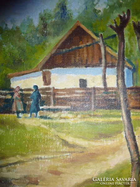 Utcakép falusi házikóval (régi olaj-vászon 24x29 cm, jelzéssel) vidék, falu, utcakép, tájkép