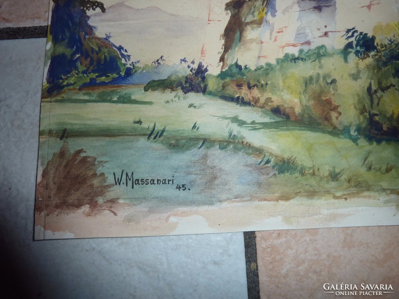 W. Massanari: landscape with a castle, old watercolor mark from 1945