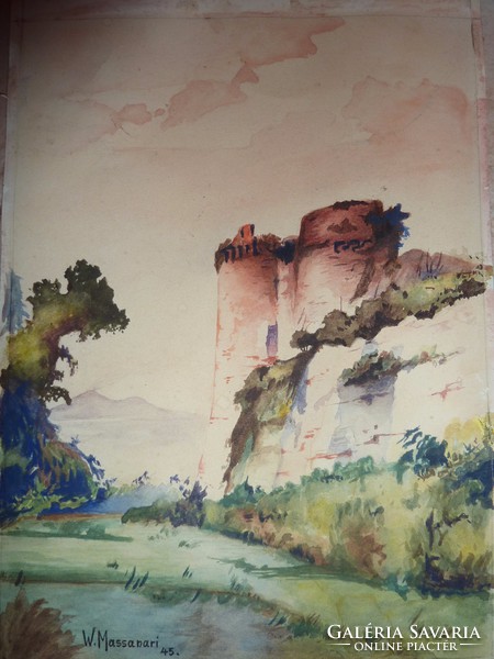 W. Massanari: landscape with a castle, old watercolor mark from 1945