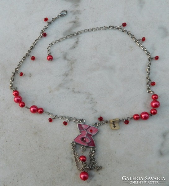 Pink fire enamel necklace with blue pearls - also a new gift