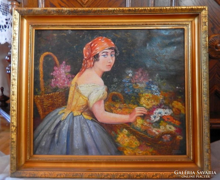 Florist girl is an antique oil-canvas painting