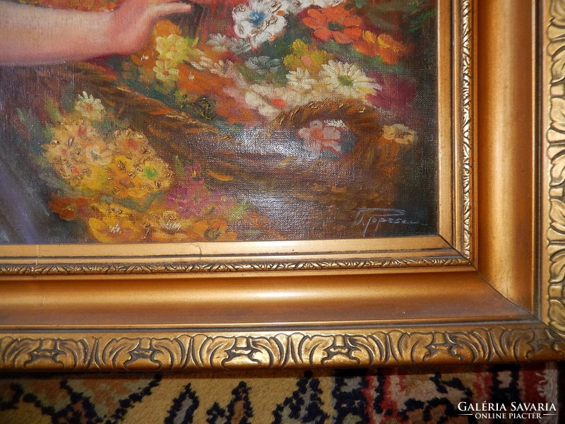 Virágárus lány - olaj-vászon nagyon szép antik festmény