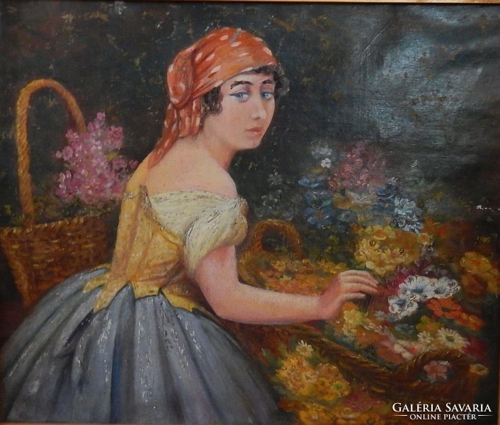 Florist girl is an antique oil-canvas painting