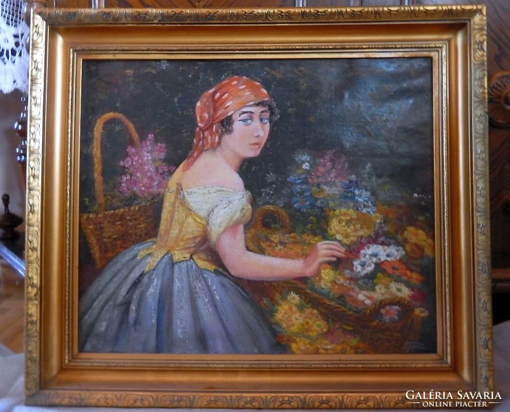 Virágárus lány - olaj-vászon nagyon szép antik festmény