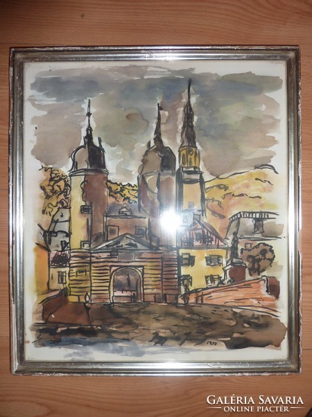 Templomos látkép, régi akvarell jelzéssel 1950-ből